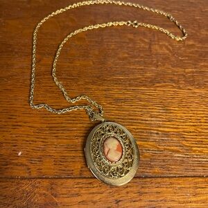 Vintage gold tone cameo locket Necklace, 24” chain